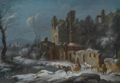 A Winter Landscape with Travelers in Horse-Drawn Sleighs Before Ruins by Thomas Wijck